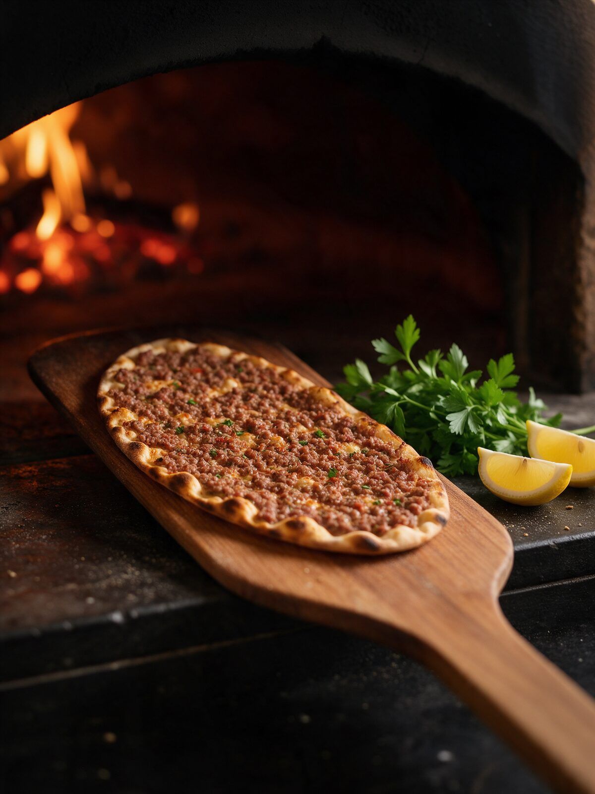 Taş fırının ağzında uzun ahşap kürek üstünde ince lahmacun; maydanoz ve limon