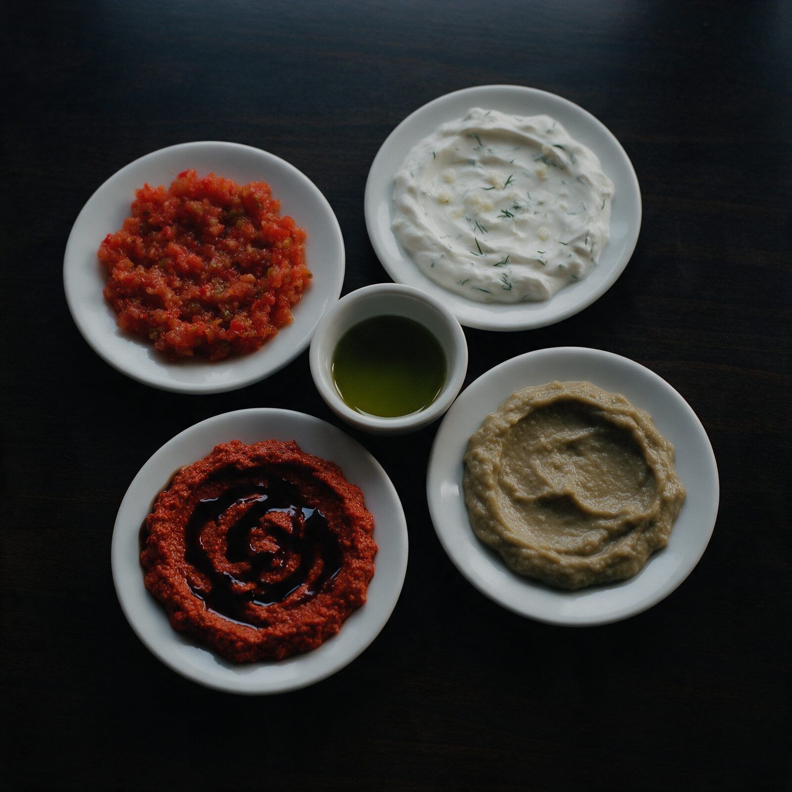 Koyu ahşap masada dört meze: Antep ezmesi, haydari, muhammara, közlenmiş patlıcan; zeytinyağı